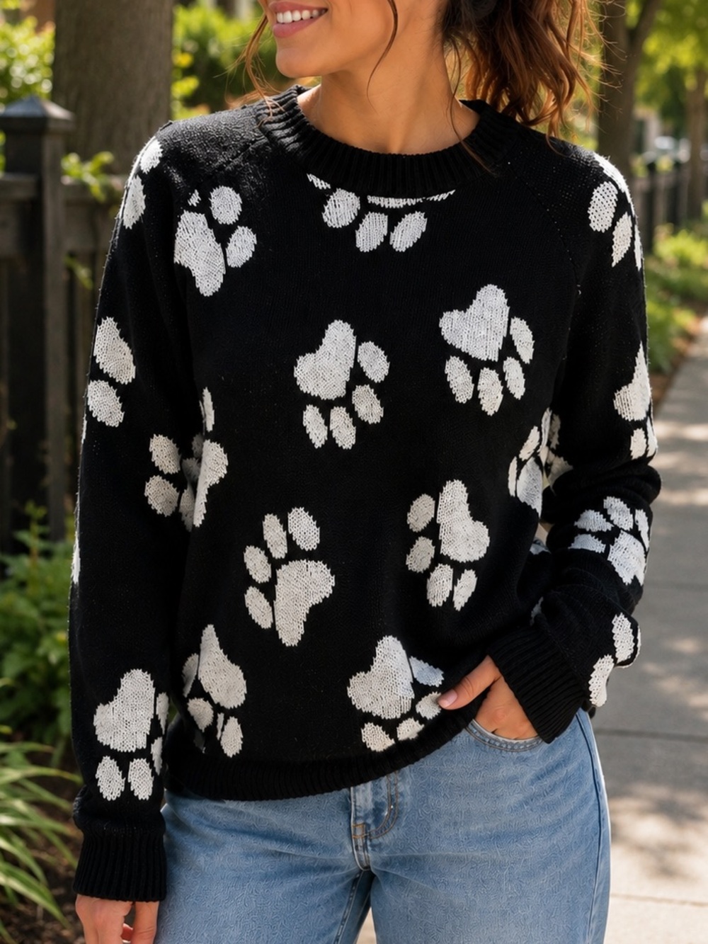 The Animal Rescue Site Paw Print Sweater Medium Black White Knit